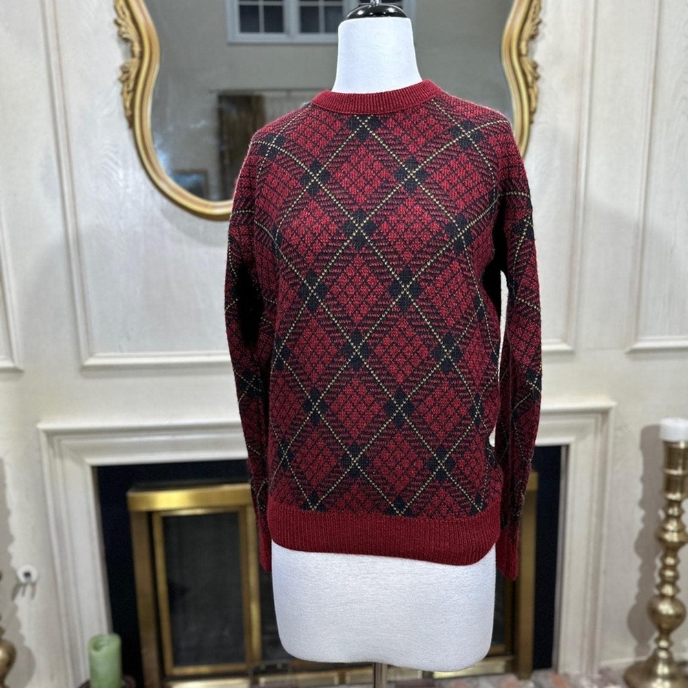 Vintage Janzen Men's Sweater Medium Red Black Argyle Plaid Made in USA‎
